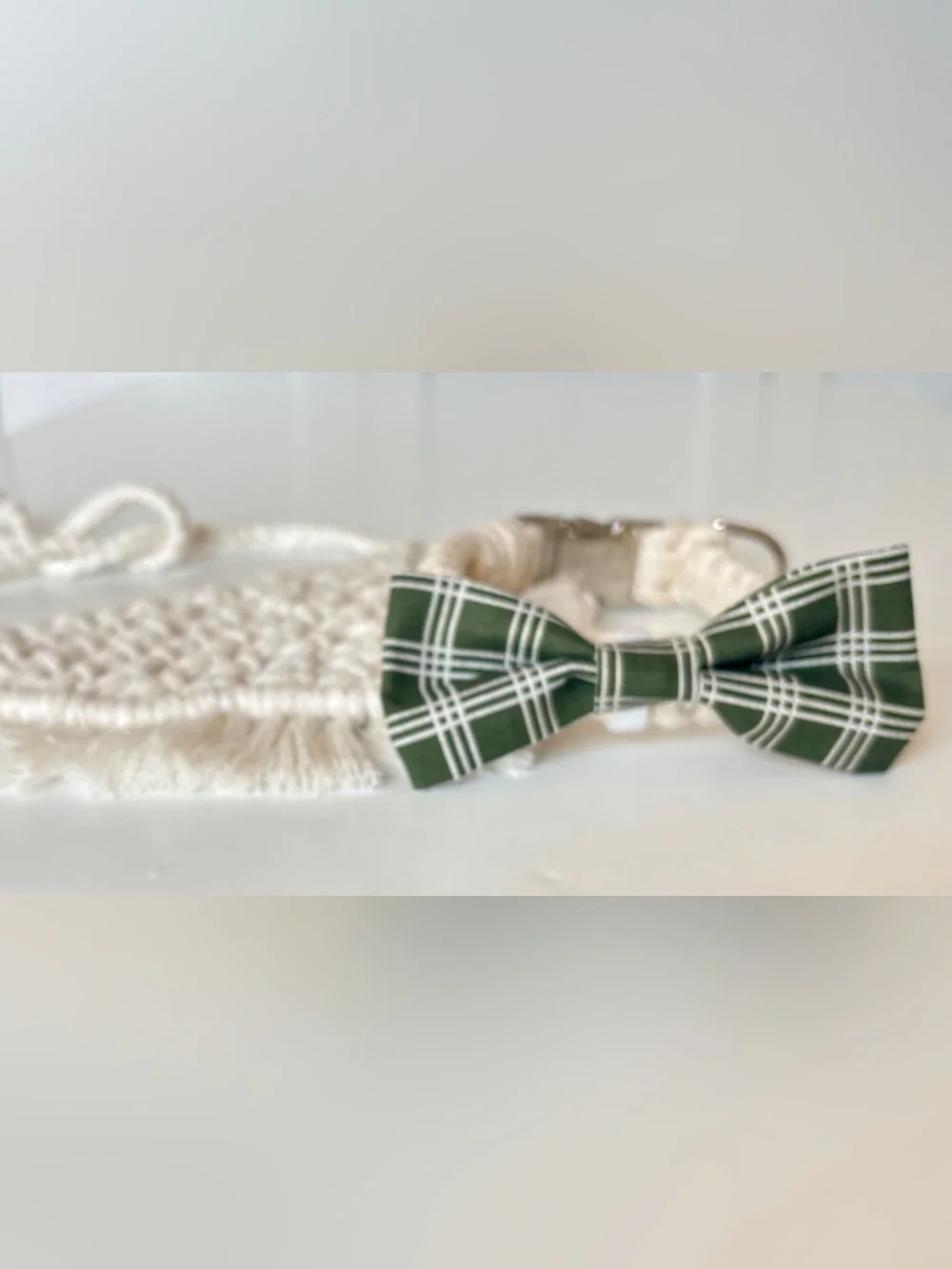 Cream Bandana Set - Collar, Bandana and Green Plaid Bow.